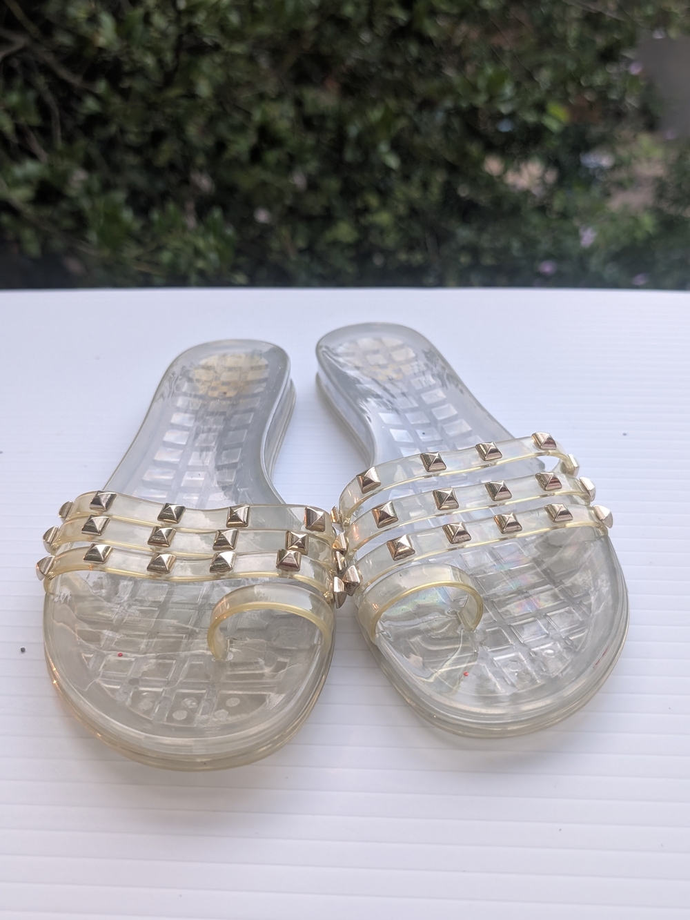 Vince Camuto Clear Jelly Slide Sandals with Gold Pyramid Studs